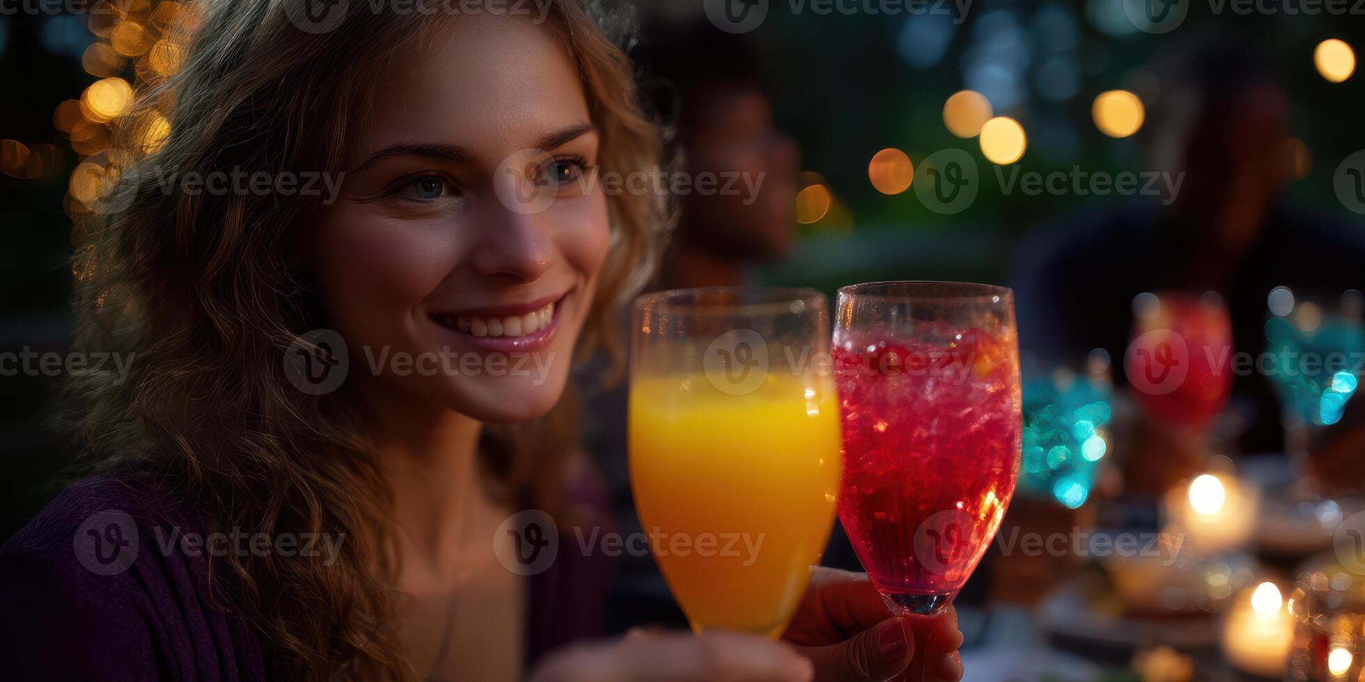 Celebration with colorful drinks at an evening gathering in a vibrant outdoor setting photo