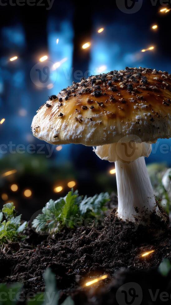 Mushroom growing on forest floor with glowing particles in enchanted woodlands at night photo