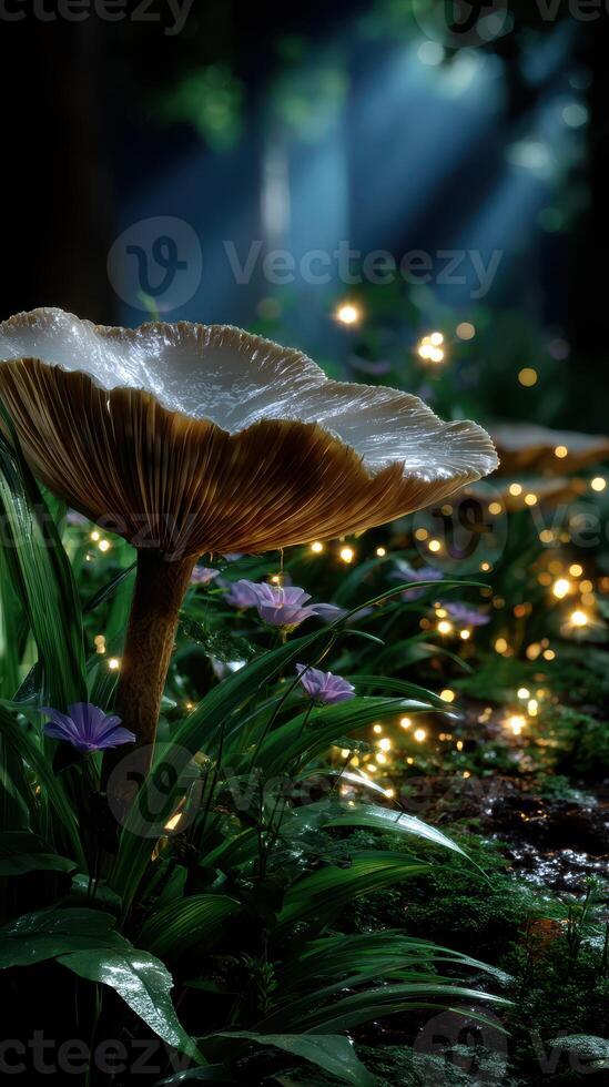 Enchanted forest with glowing mushrooms and ethereal lights at twilight photo