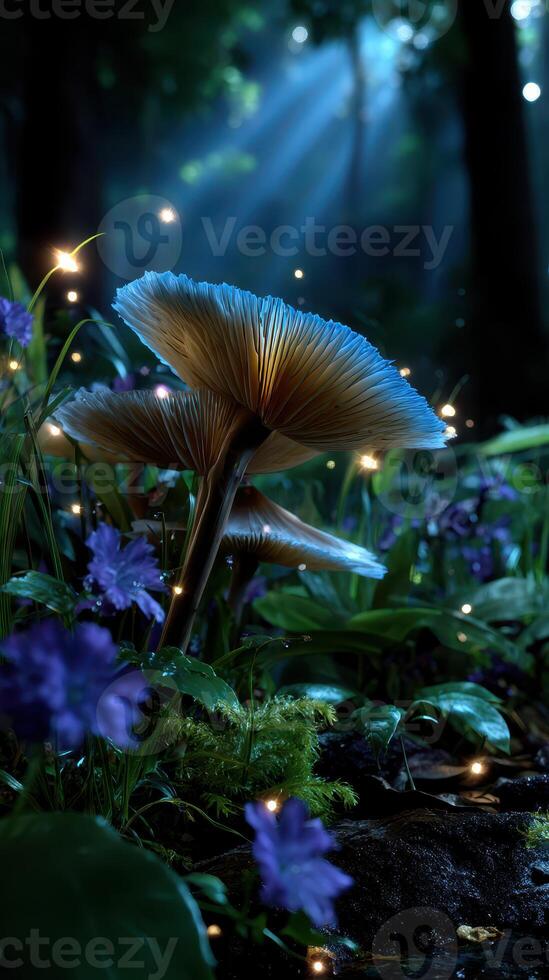 Magical night in a forest with glowing mushrooms and vibrant flowers illuminated by soft moonlight photo