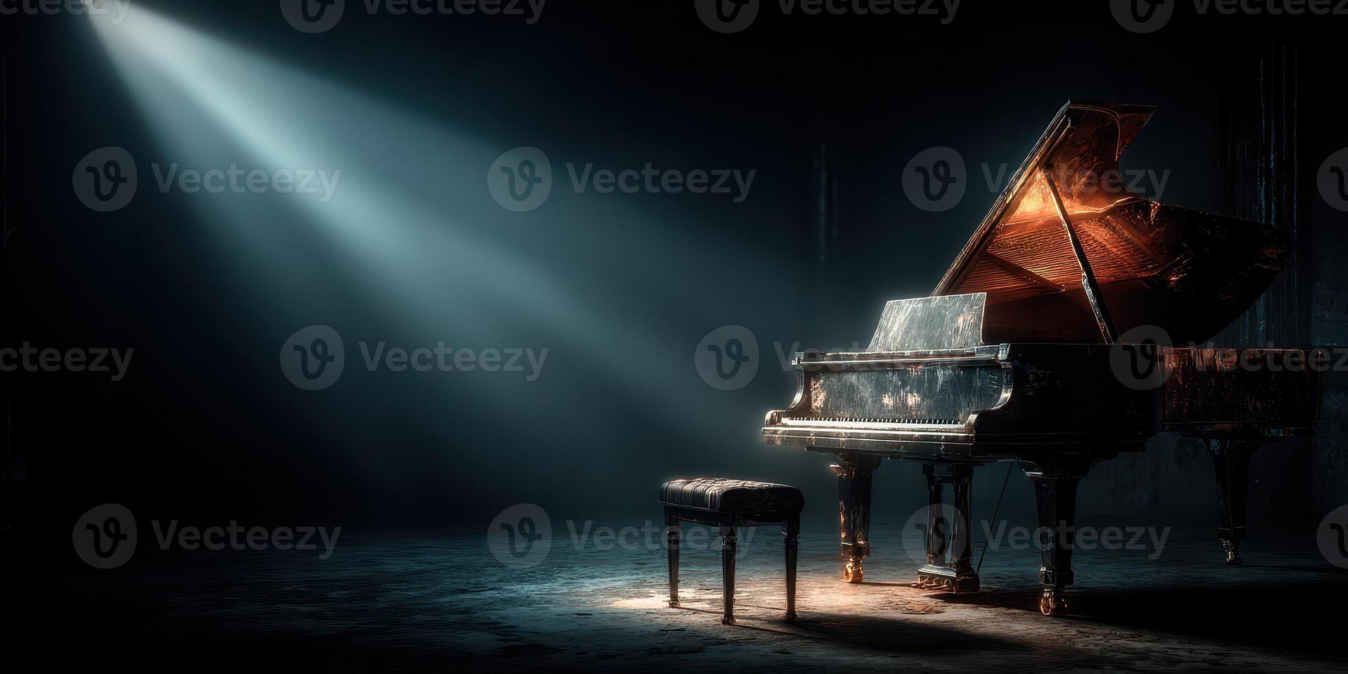 Soft light illuminates an elegant grand piano and bench in a dimly lit room, creating a serene atmosphere for music photo