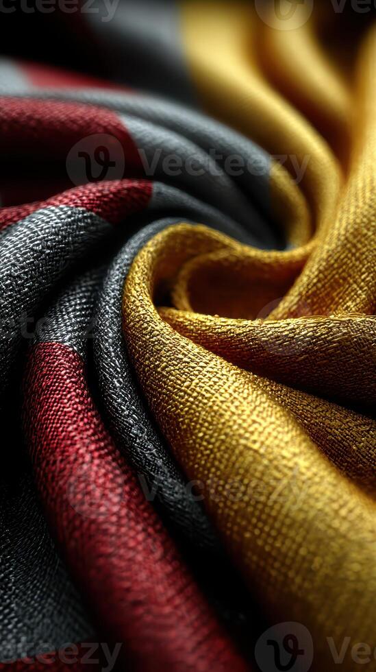 Beautifully textured fabric in red, black, and gold drapes creating an elegant swirl displayed on a soft surface photo