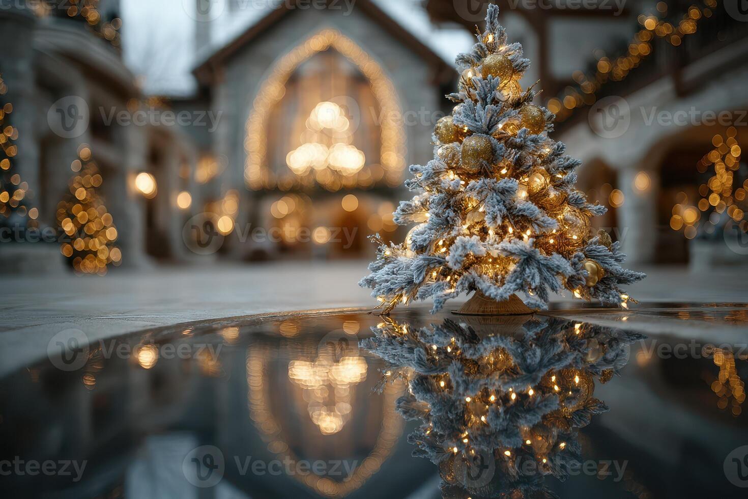 Beautifully decorated Christmas tree with warm lights in a festive courtyard at twilight photo