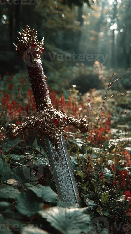 Golden crowned sword resting in a forest clearing surrounded by vibrant flowers and dappled sunlight photo