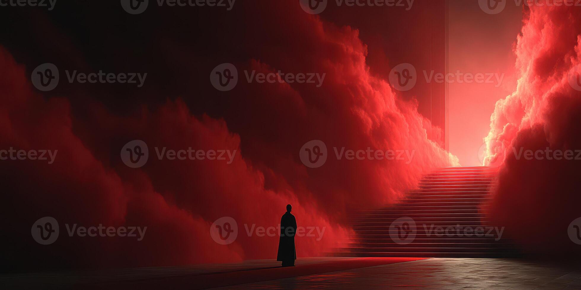 Mysterious figure stands before stairway in crimson mist during an enigmatic twilight moment photo