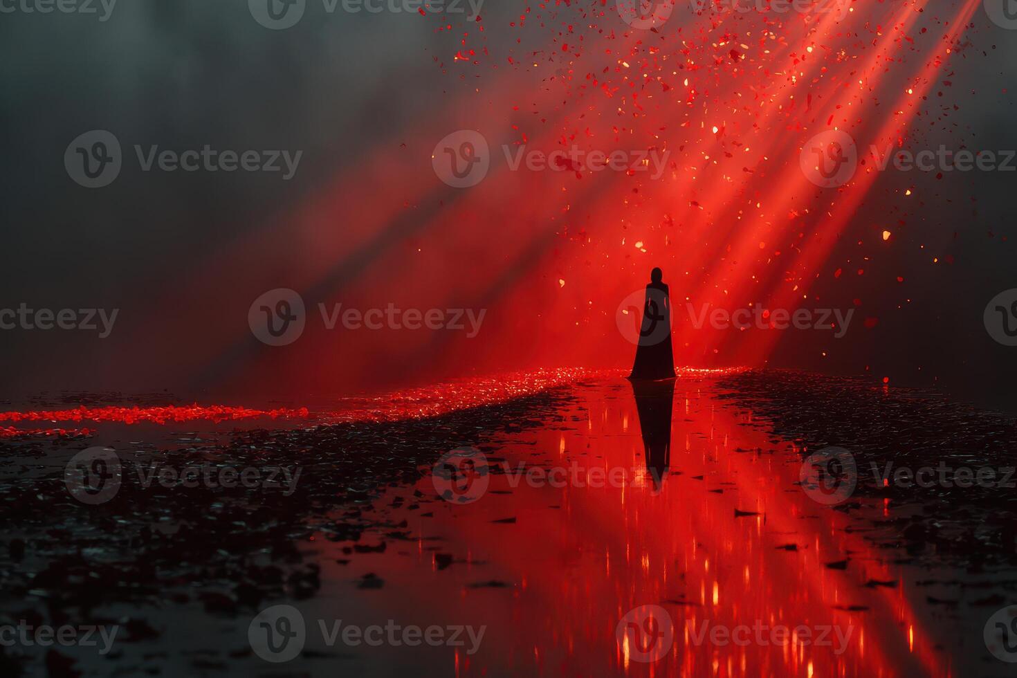 Dark figure stands amidst glowing red light and scattered petals in a surreal landscape during twilight photo