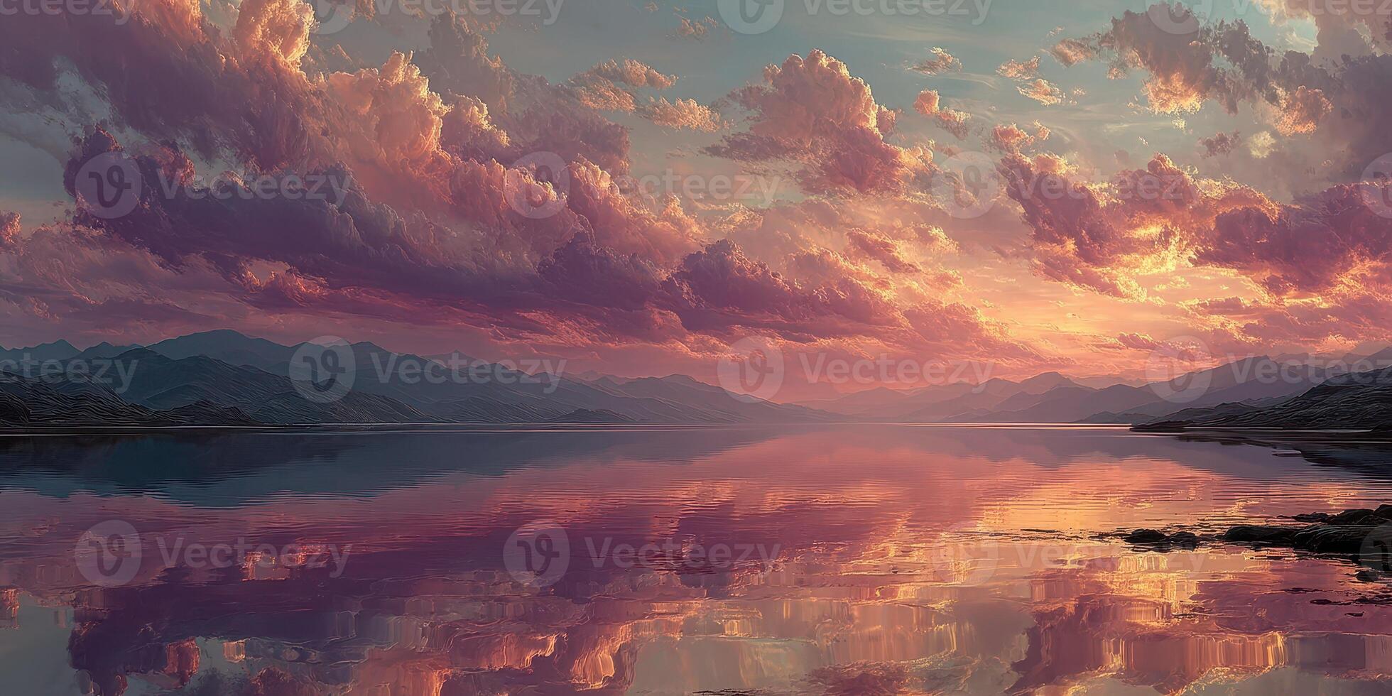 Vibrant sunset over calm lake with mirrored clouds and mountains in serene landscape photo