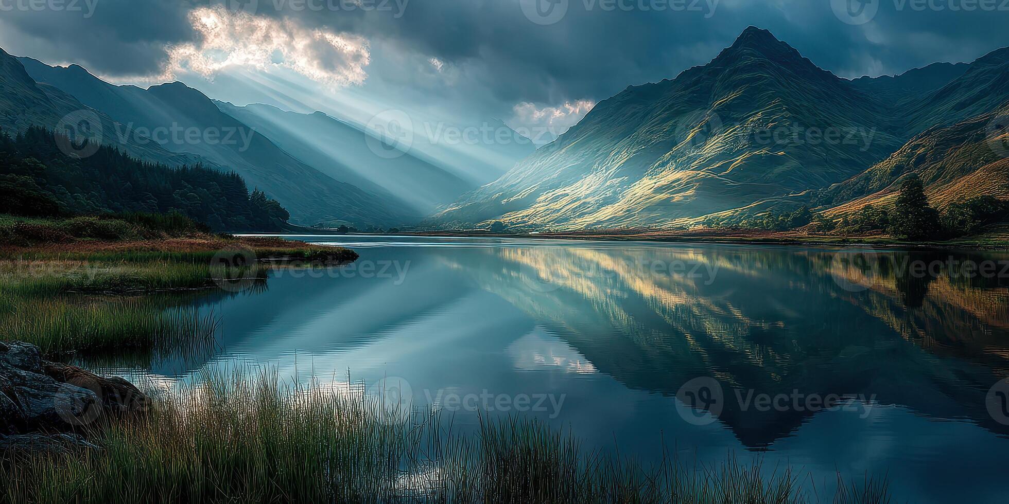 Mountain landscape reflecting in lake during golden hour with dramatic clouds and sunlight photo