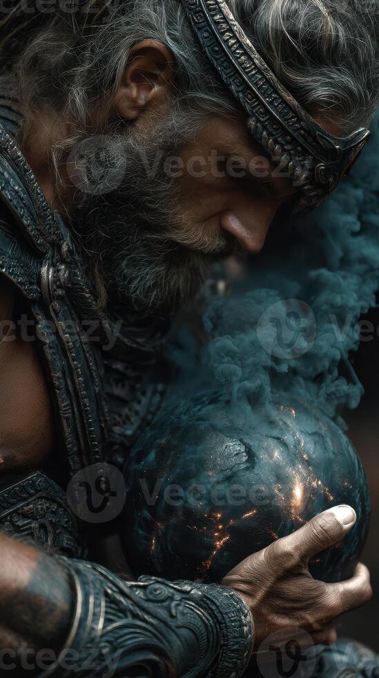 Epic warrior holding a mystical globe surrounded by smoke in a darkened environment photo