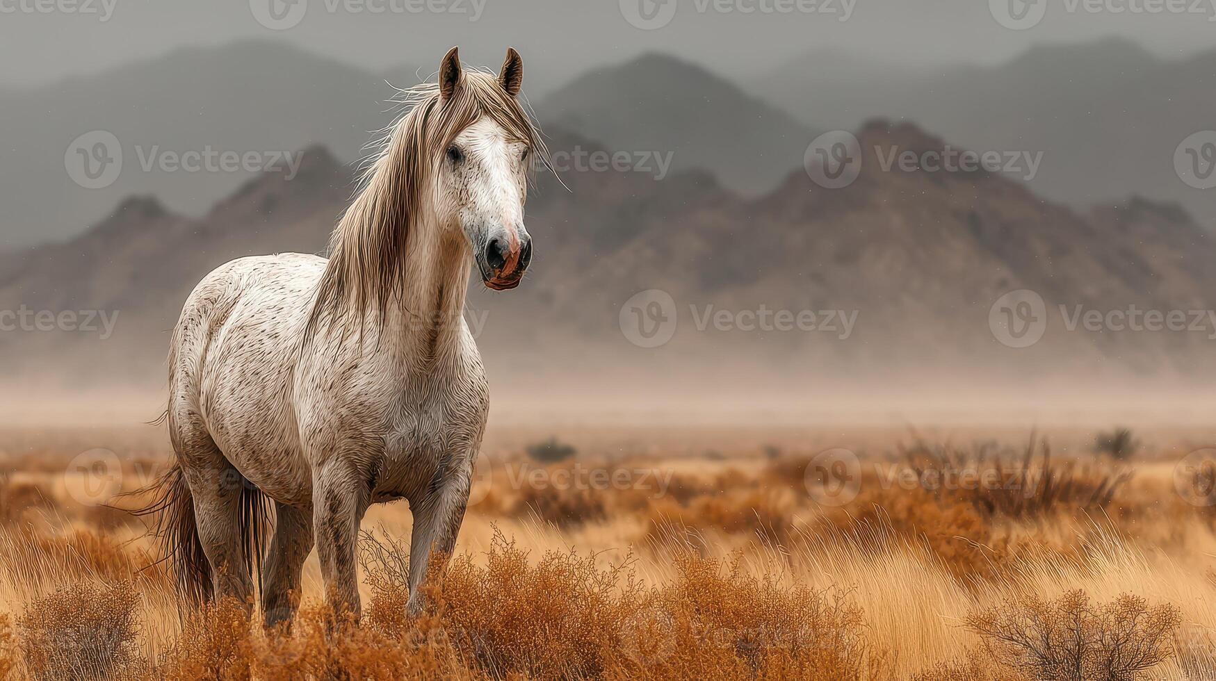Majestic white horse stands in a vast desert landscape against a backdrop of distant mountains and hazy sky photo