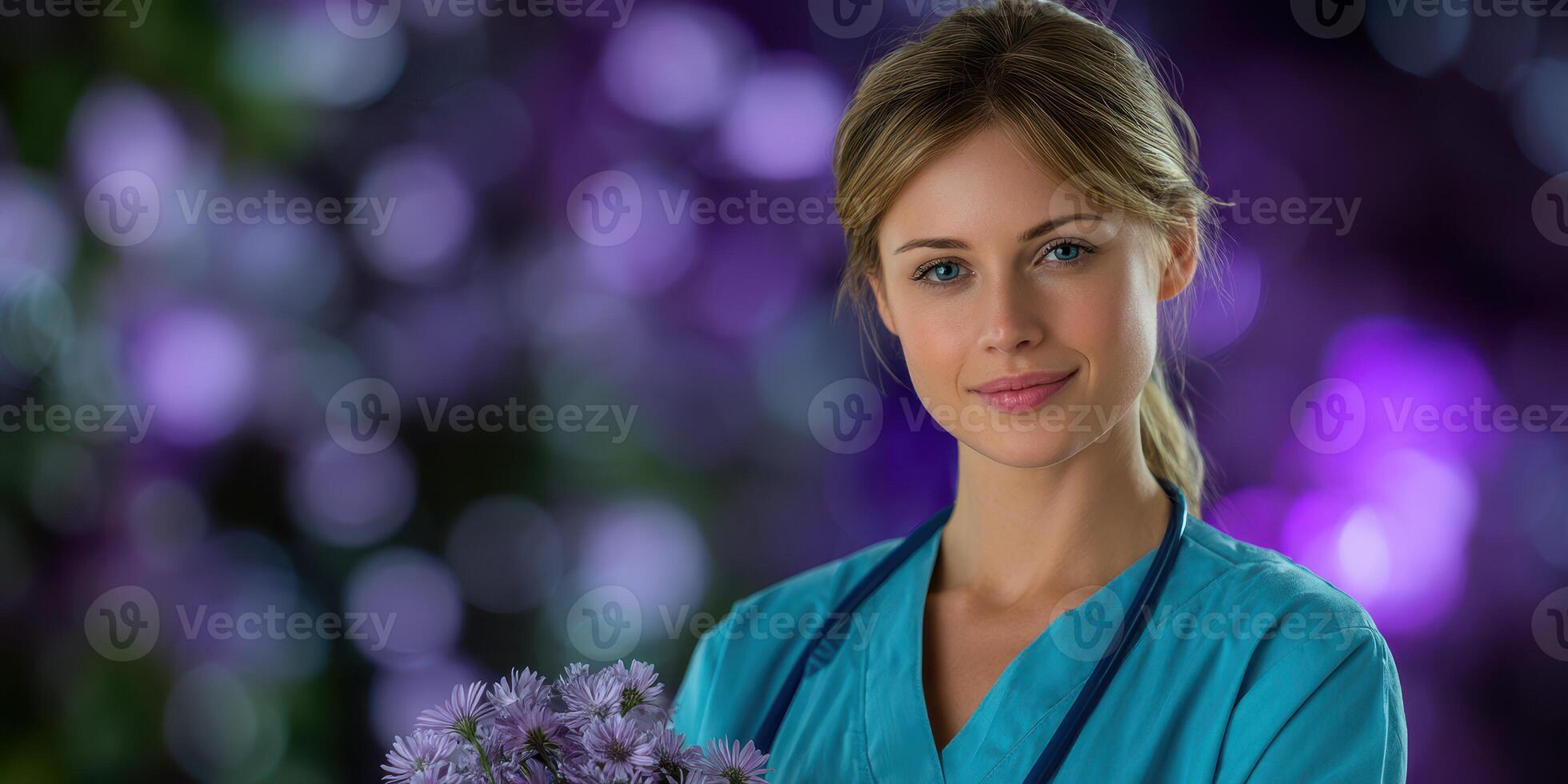 Smiling healthcare worker holding flowers in a vibrant purple backdrop at a wellness event in daytime photo