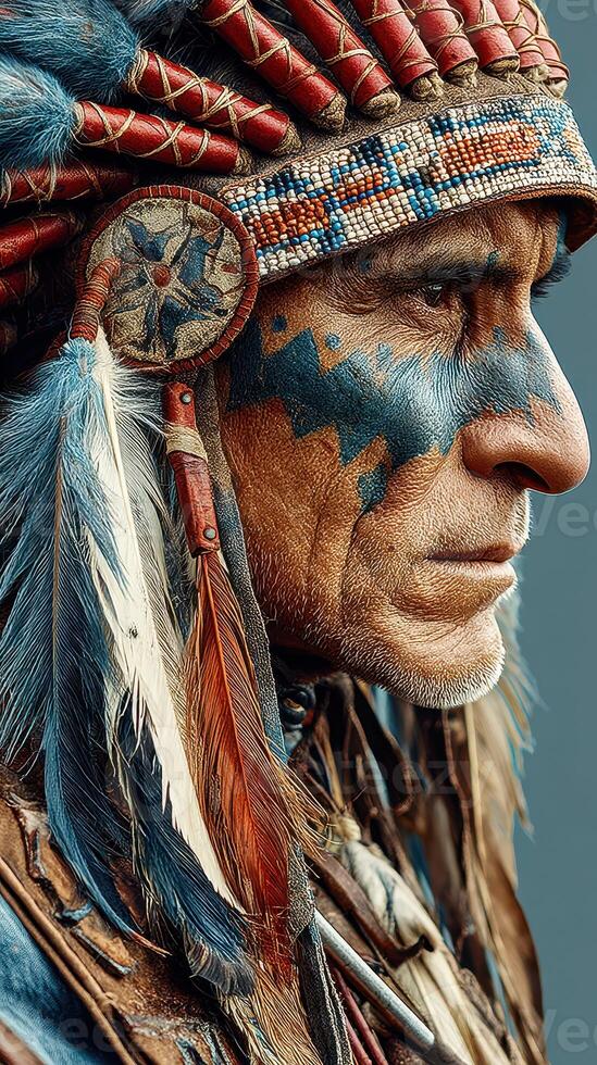 Tribal chief adorned with feathers and face paint captures the essence of indigenous heritage in a striking portrait photo
