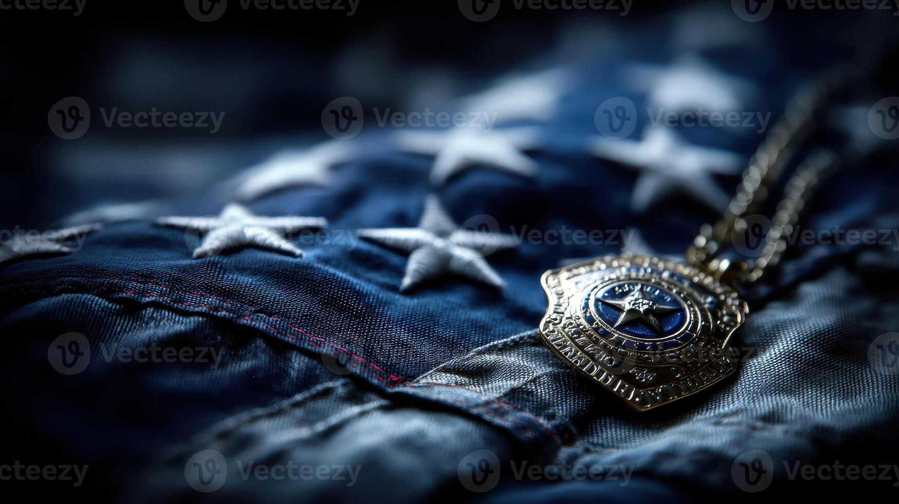 Badge resting on American flag fabric symbolizes law enforcement commitment and patriotism in a meaningful composition photo