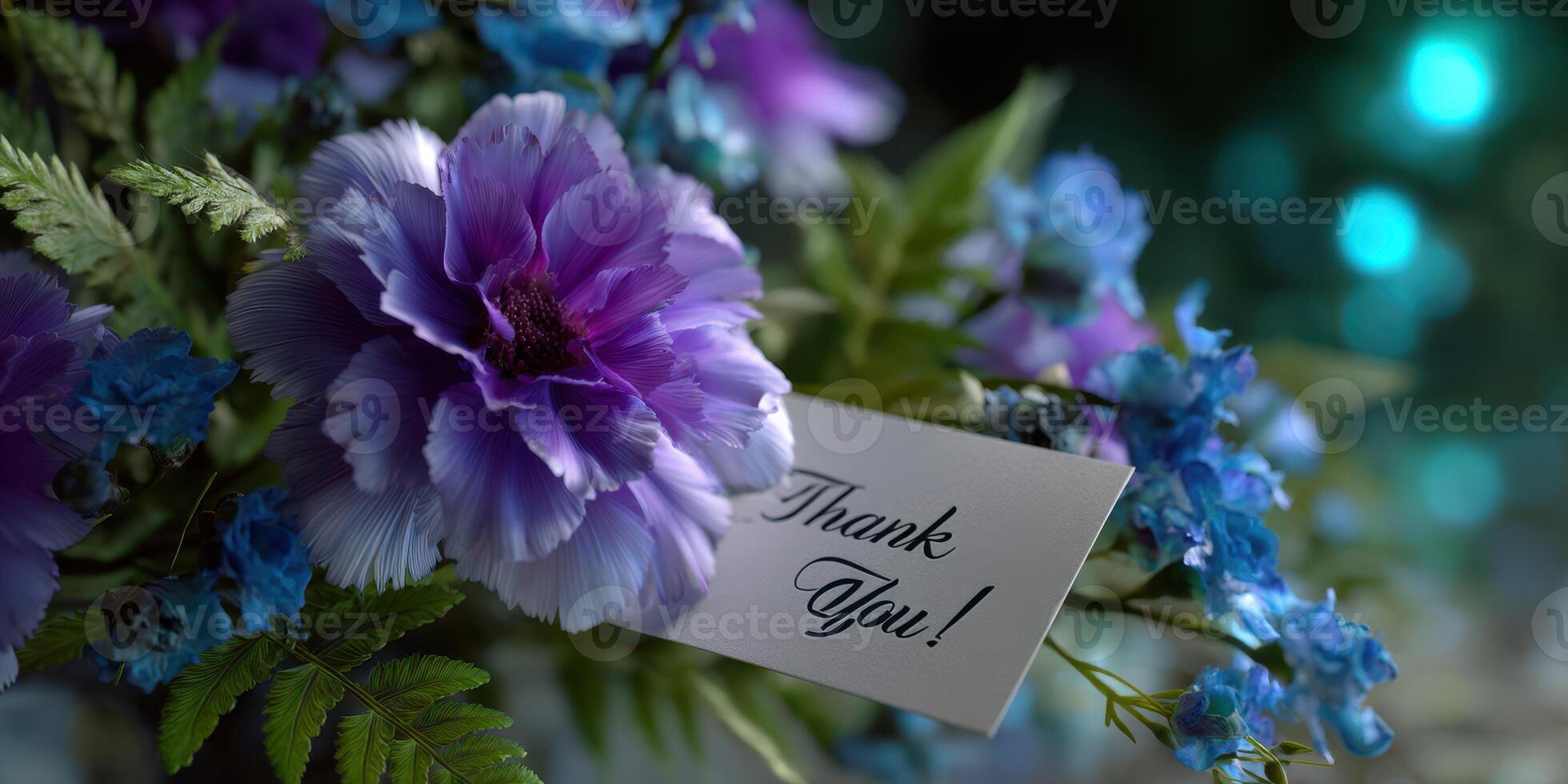 Beautiful bouquet of purple and blue flowers with a thank you card displayed in a vibrant setting photo