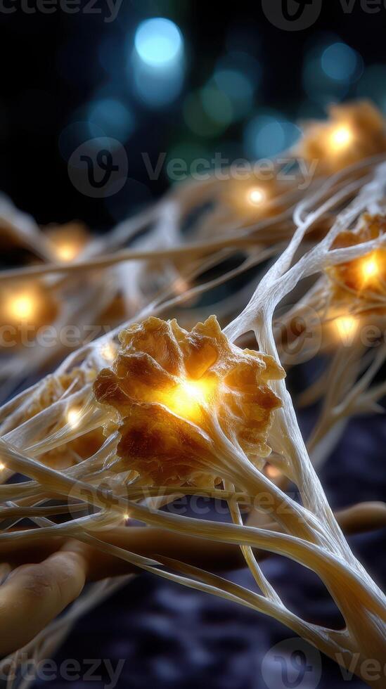 Bright connective tissue with glowing elements captured in a close-up view, showcasing intricate details and organic forms during nighttime photo