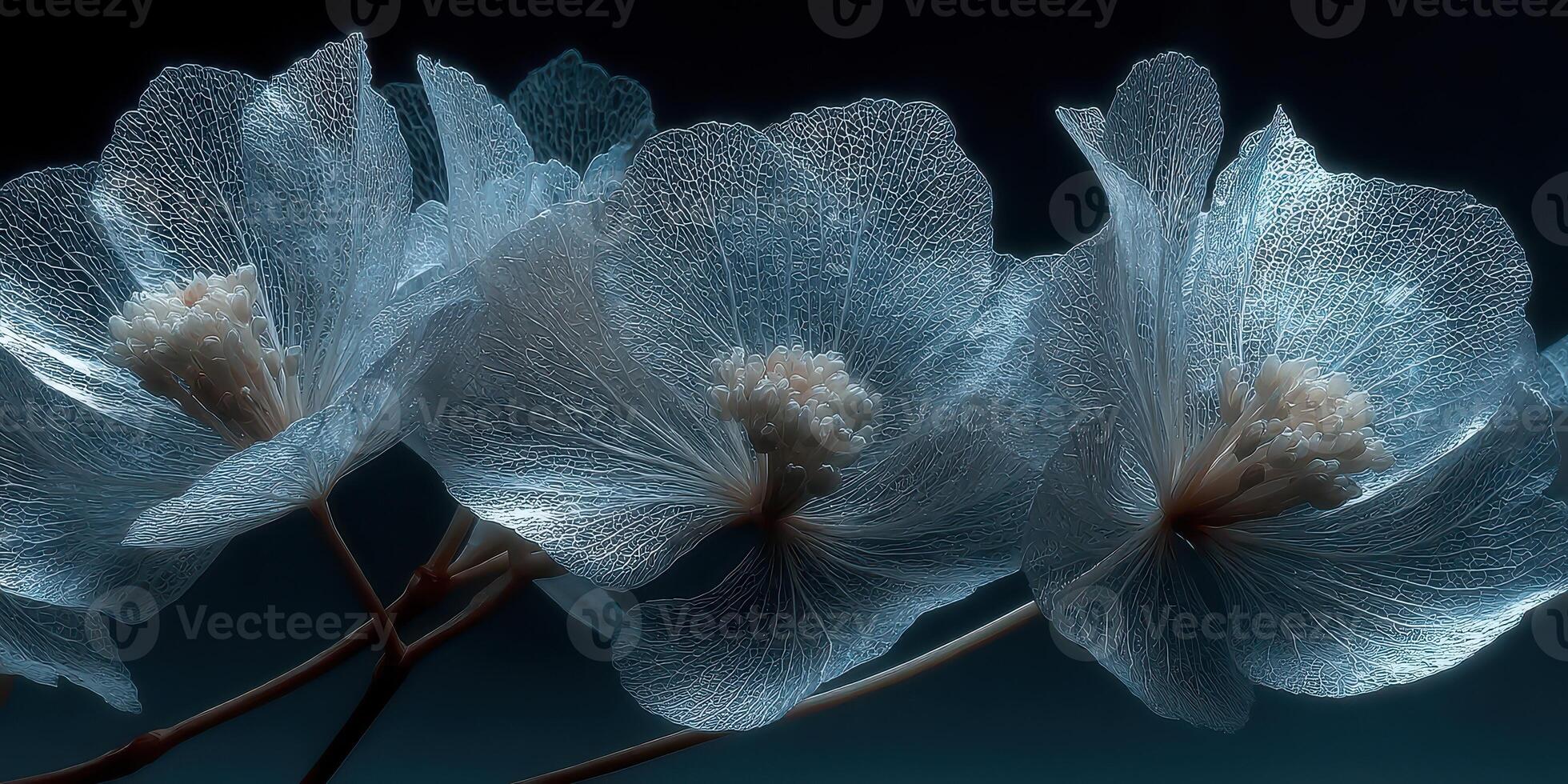 Delicate translucent flowers illuminated with soft light, showcasing intricate textures and details in a serene dark backdrop photo