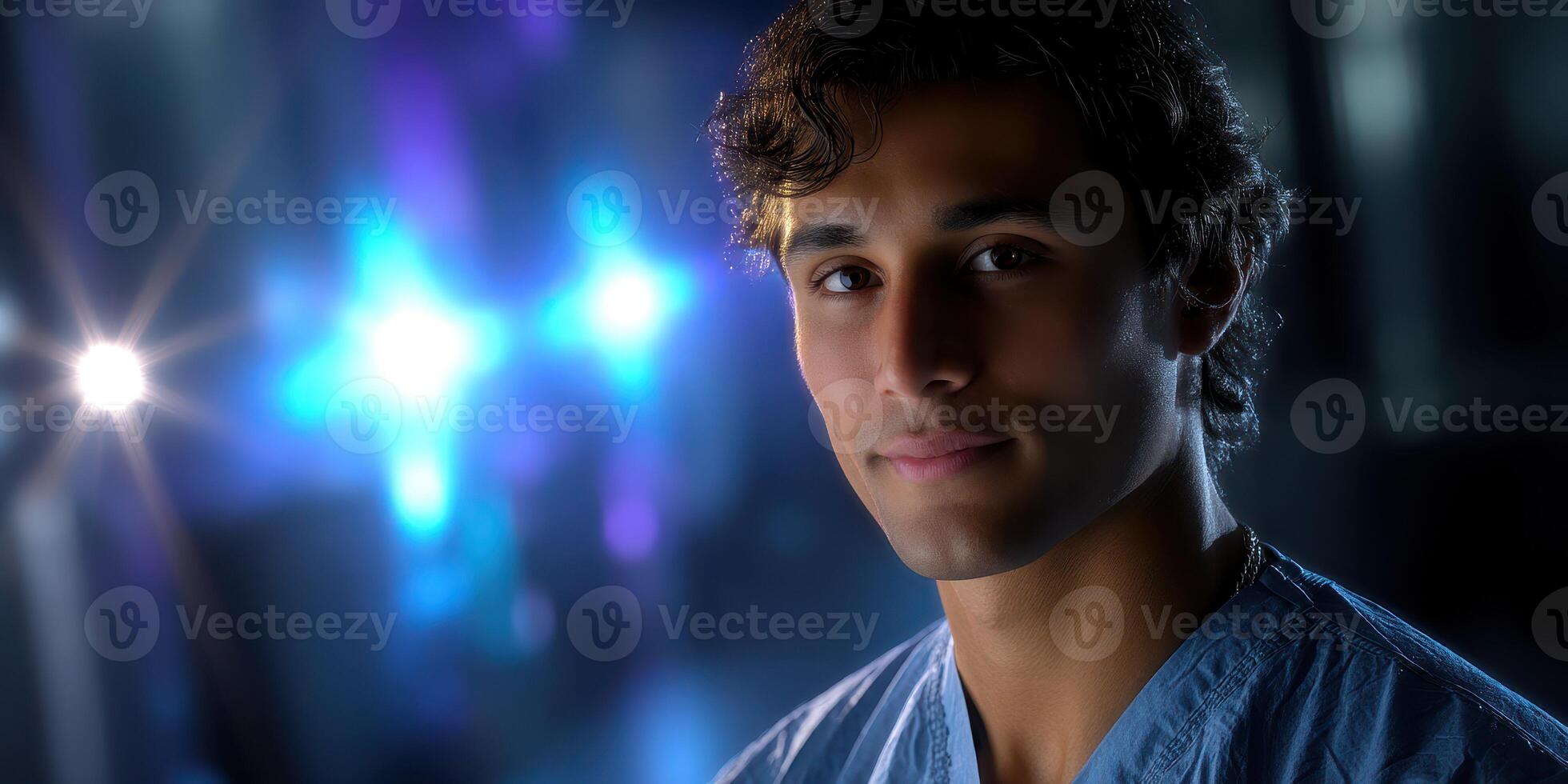 Young male medical professional in scrubs poses confidently against a blurred background of clinical lighting photo