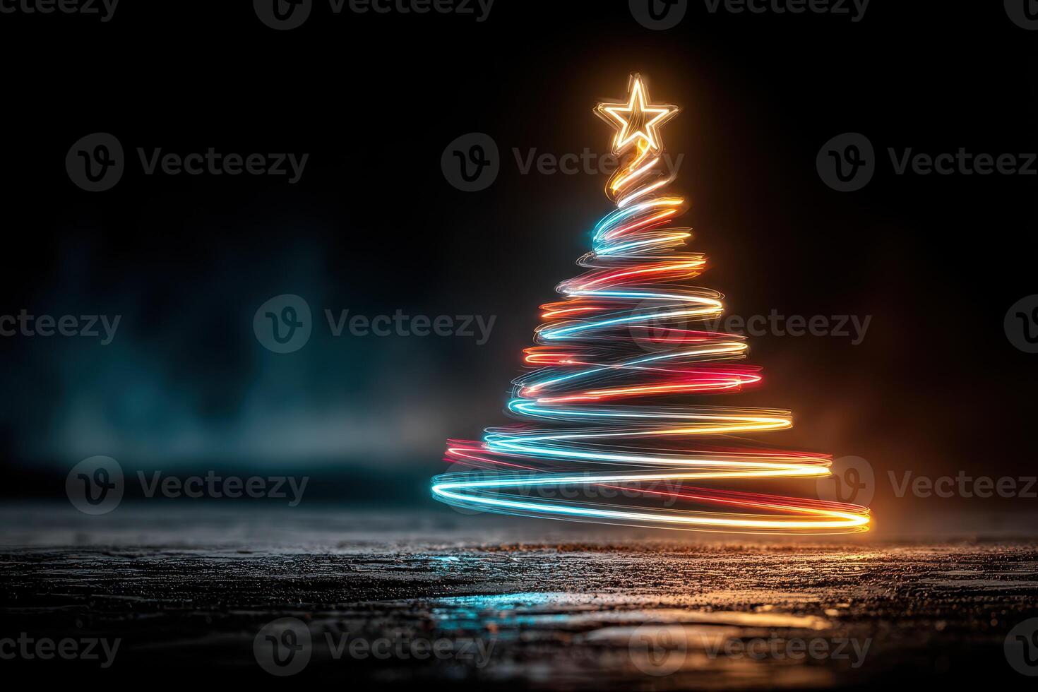 Illuminated Christmas tree with colorful lights shining in a dark setting during the festive season photo