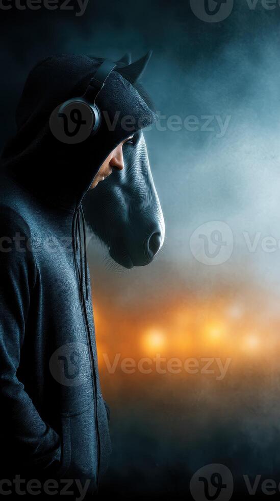 Person wearing a horse mask and hoodie listens to music in a misty urban setting at night photo