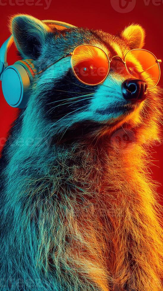 Raccoon wearing headphones and sunglasses against a vibrant red and blue background photo
