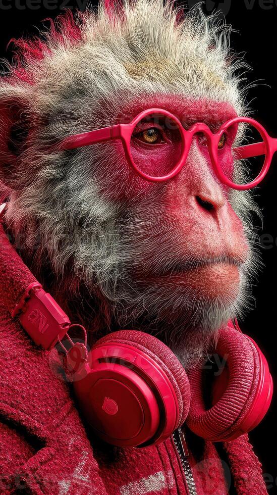 Unique red monkey wearing glasses and headphones showcases a trendy urban style in a creative digital art setting photo