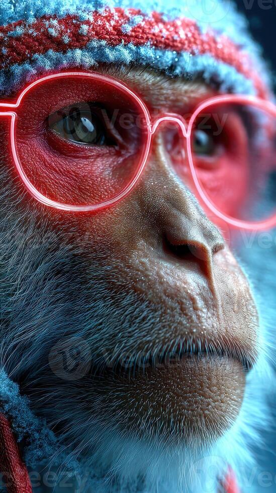 Monkey wearing neon glasses with a textured blue fur coat and a colorful headband under studio lighting photo