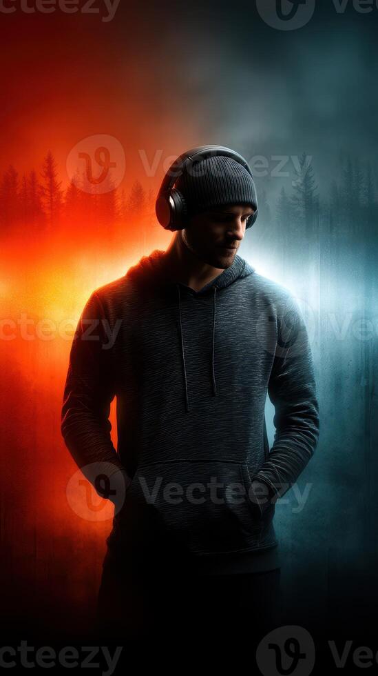 Young man wearing headphones stands between contrasting red and blue backgrounds in a forest setting at twilight photo