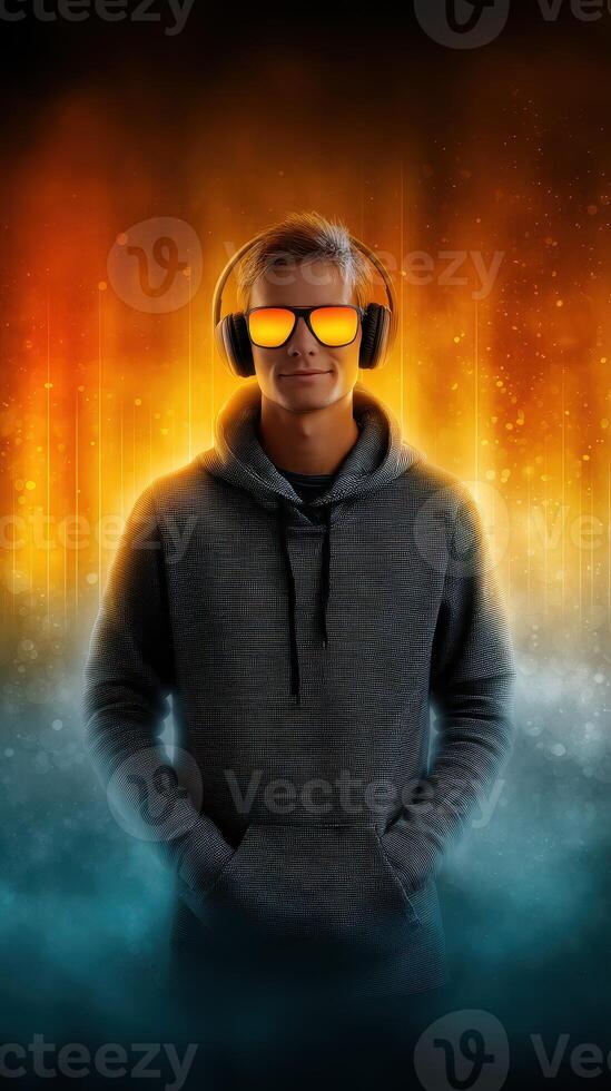 Young man in hoodie with headphones and sunglasses, set against a vibrant background of colors and gradients photo