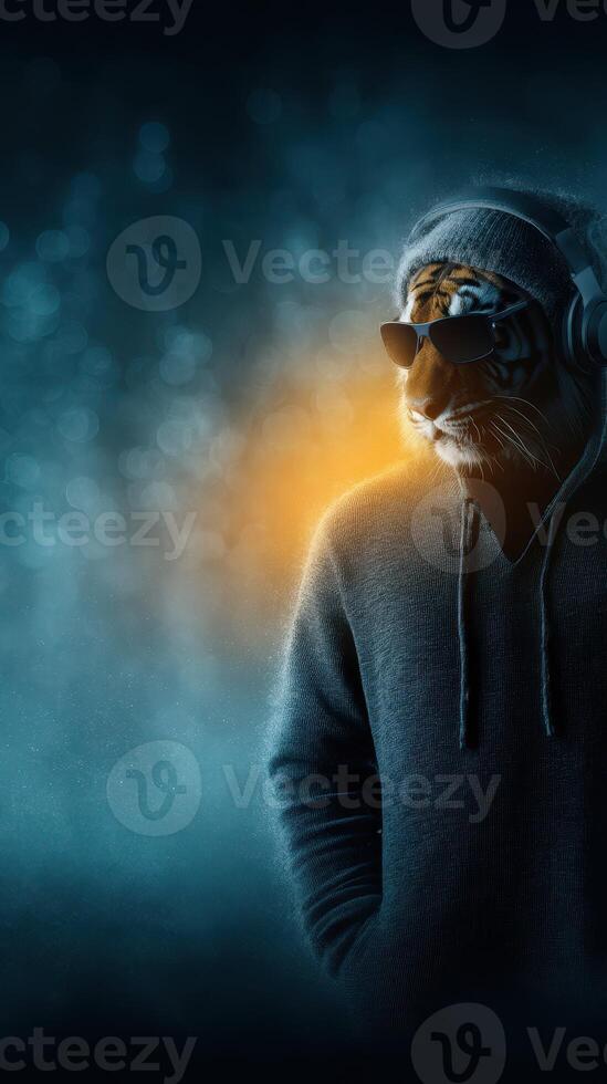 Unique tiger wearing hoodie and sunglasses listens to music in a moody urban setting at night photo