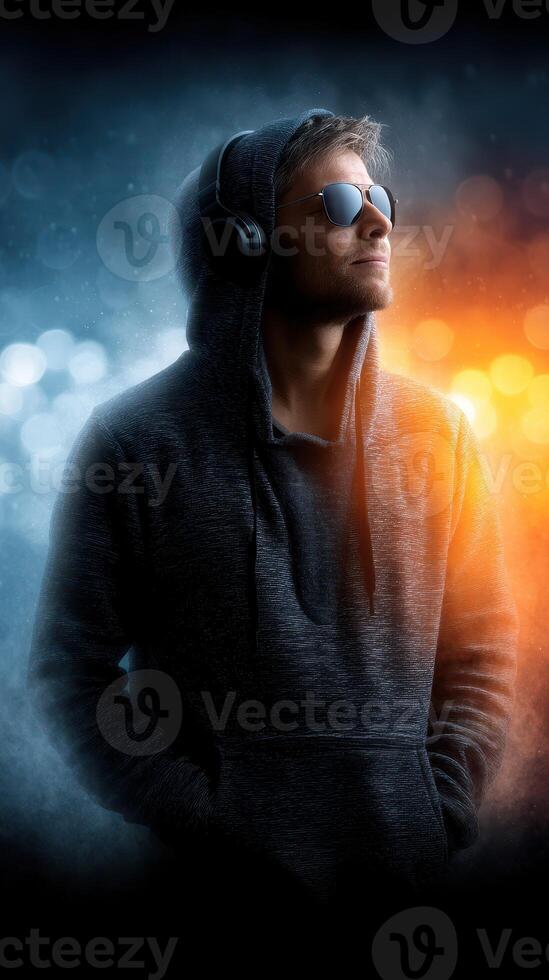 Young man with headphones in a stylish hoodie enjoying music in a vibrant urban setting at night photo