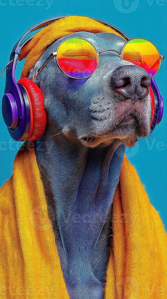 Cool dog wearing sunglasses and headphones with a colorful towel in a vibrant setting photo