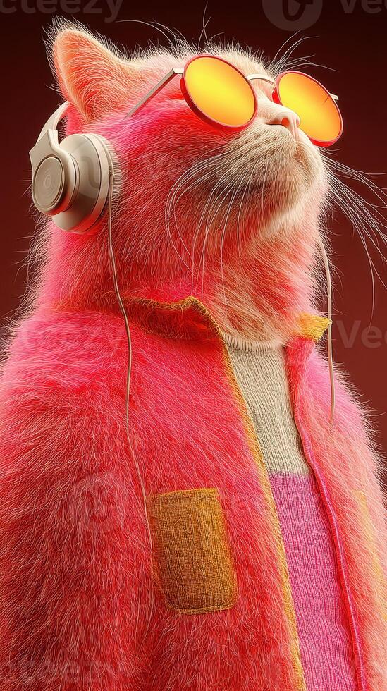 Colorful cat wearing sunglasses and headphones exudes confidence in a vibrant setting photo