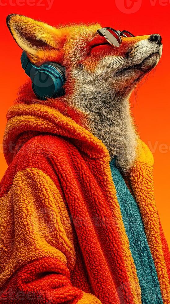 Fox in colorful hoodie and headphones enjoys music against a vivid sunset background photo