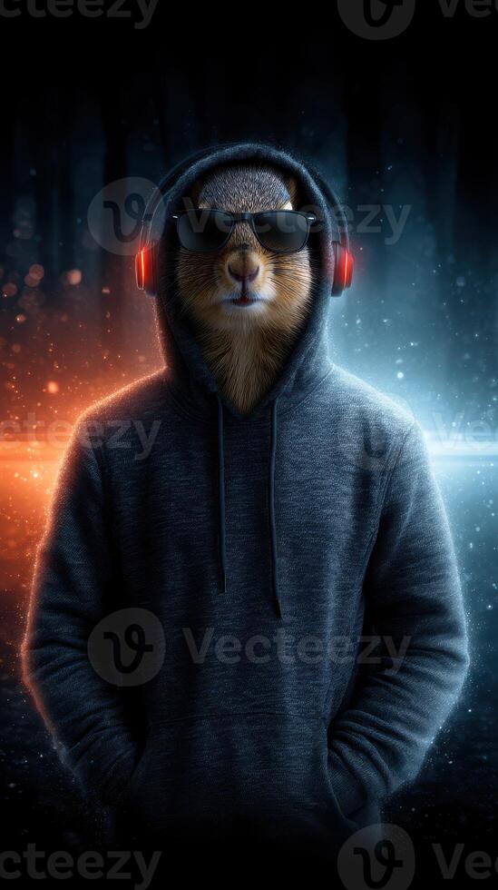 Stylish animal wearing hoodie and headphones in a neon-lit forest environment during nighttime photo