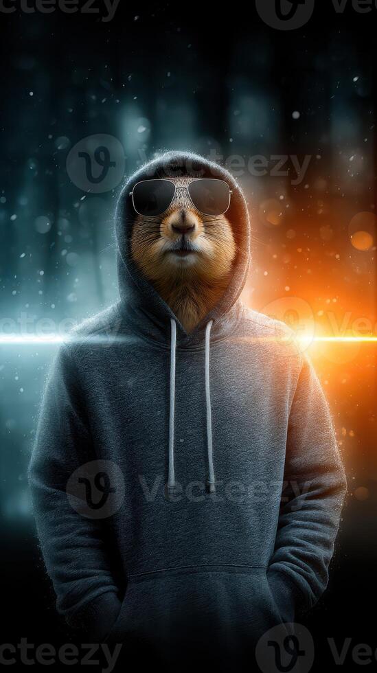 Cool animal in a hoodie and sunglasses stands confidently in a dark forest with glowing lights photo