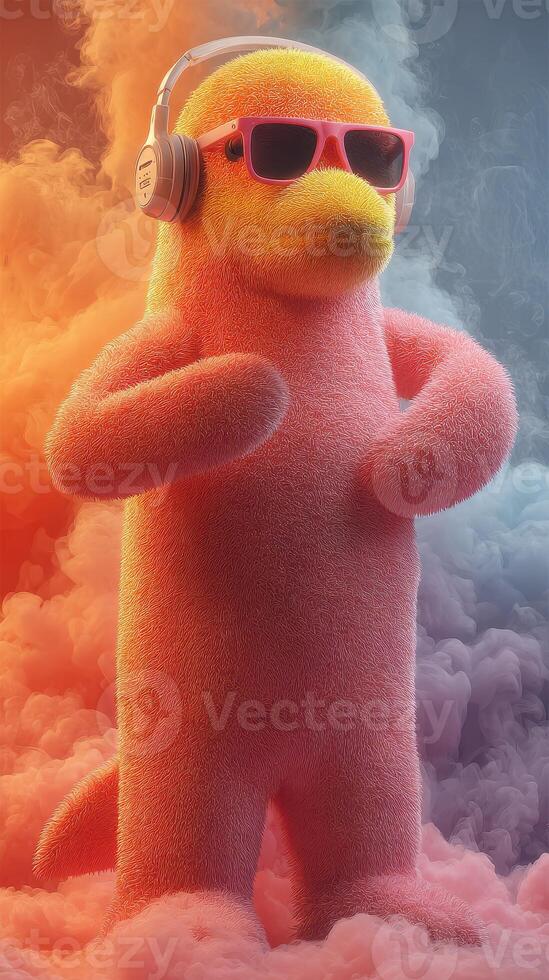 Colorful and fluffy creature enjoying music with headphones in a vibrant cloud setting photo