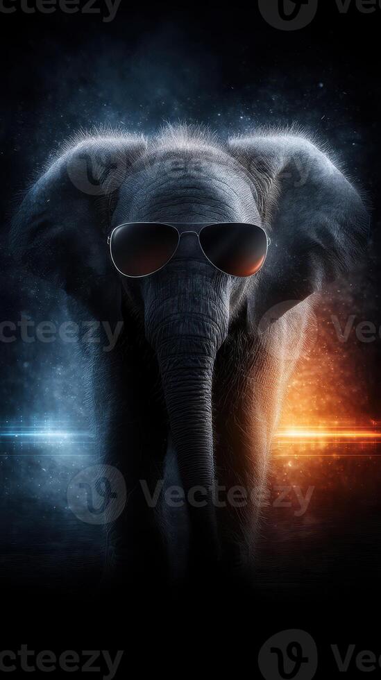 Elephant wearing sunglasses stands confidently against a dark, glowing background with blue and orange lights photo