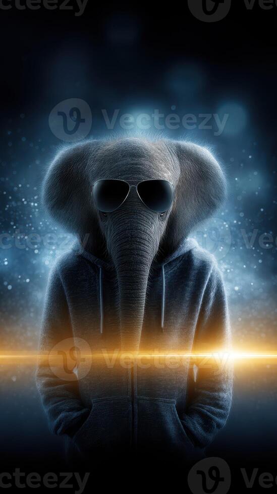 Creative portrayal of a stylish elephant in a hoodie with sunglasses against a cosmic background photo