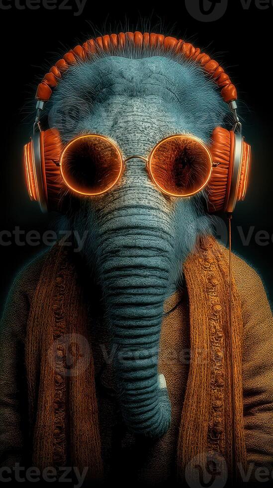 Elephant wearing headphones and glasses in a colorful and creative portrait photo