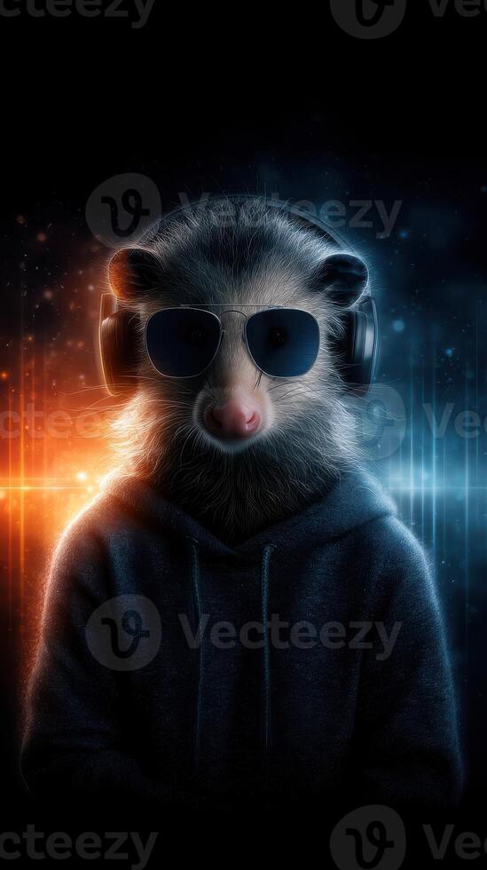 Cool animal wearing headphones and sunglasses in a digital setting with vibrant colors and sound waves photo
