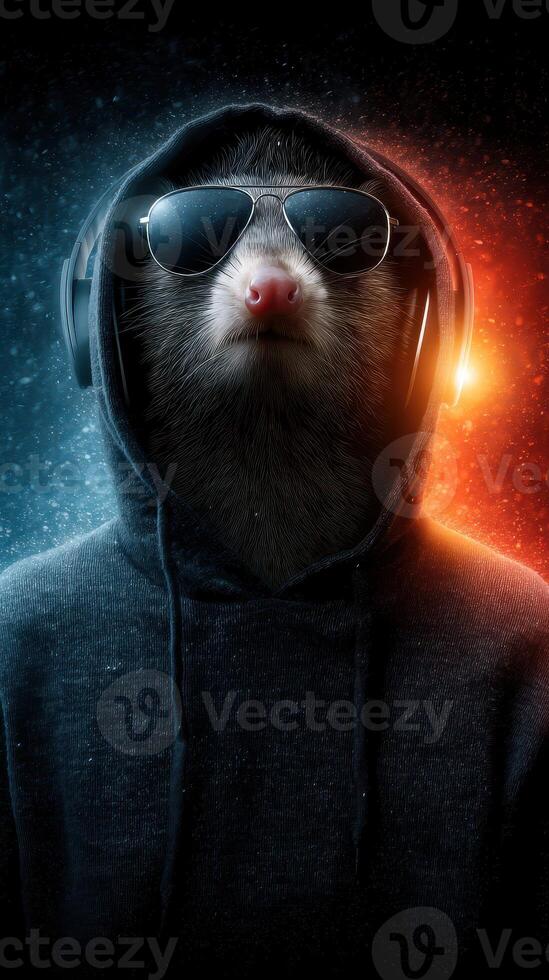 Stylish animal wearing sunglasses and headphones in a dark and vibrant setting with contrasting colors photo
