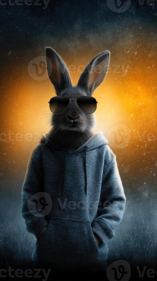 Cool rabbit wearing sunglasses and a hoodie in an atmospheric setting at dusk photo