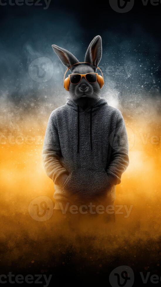 Cool rabbit wearing headphones in a vibrant urban setting at night with a mix of colors photo