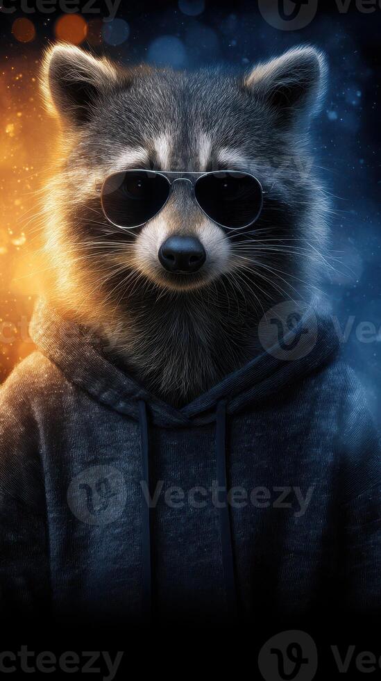 Raccoon in sunglasses wearing a hoodie stands confidently against a dramatic blue and orange background at night photo