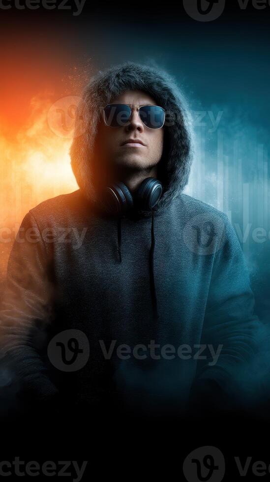 Chill and thrill moment captured with a stylish figure wearing a hoodie and sunglasses against a vibrant background photo