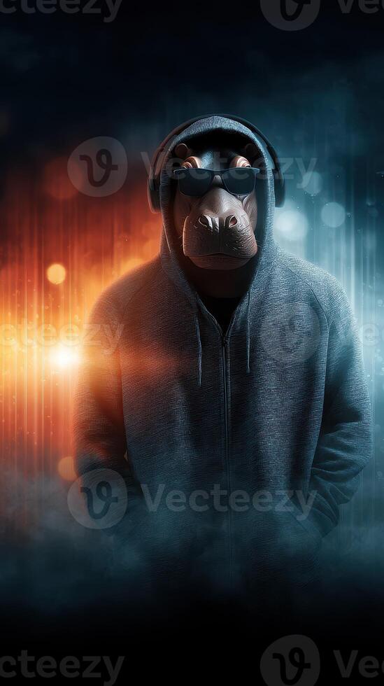 Hippo in hoodie and sunglasses wearing headphones against a colorful background photo