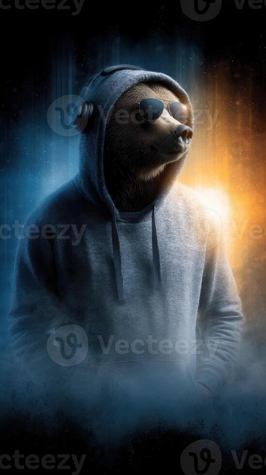 Unique bear character in a hoodie and sunglasses standing against a dramatic backdrop of blue and orange lighting photo