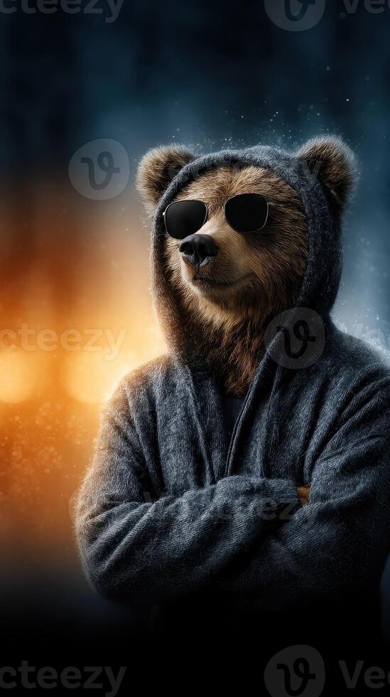 Cool bear character wears sunglasses and a hoodie in an urban night setting with dramatic lighting effects photo