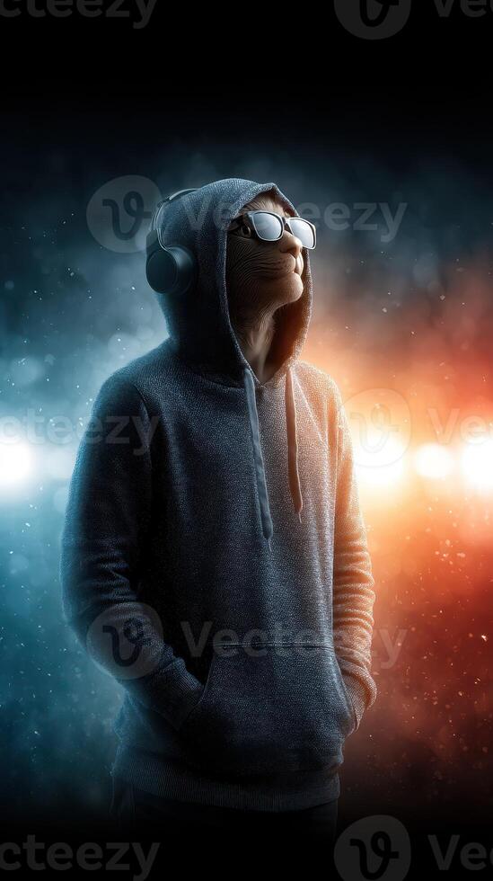Stylish character with sunglasses and headphones in a dramatic light setting showcasing creativity and confidence photo