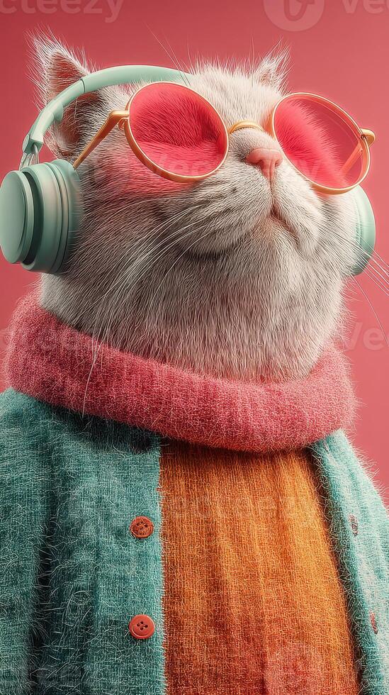 Stylish cat wearing sunglasses and headphones poses confidently against a colorful background in a playful artistic setting photo